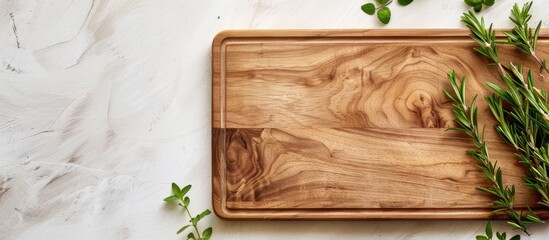 Poster - A wooden cutting board with a white background creating space for images to be added. Copy space image. Place for adding text and design