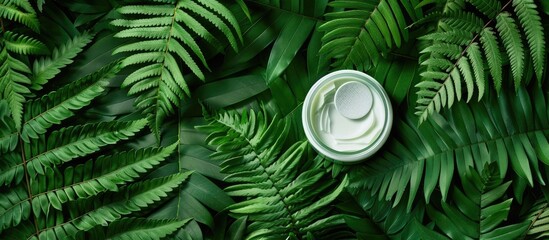 Poster - Top view of under-eye patches jar on lush green fern leaves with copy space image, a cosmetic product.