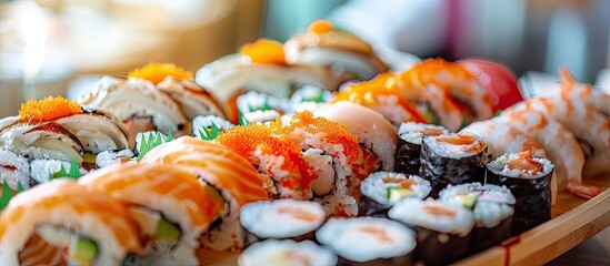 Aufkleber - Selective focus on a platter adorned with an array of sophisticated sushi varieties creating an appealing copy space image.