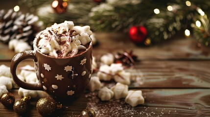 hot cocoa in a mug Christmas themed, laying on a wooden table, desktop or website background