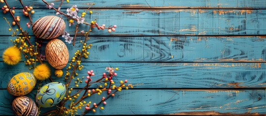 Aufkleber - Colorful wooden Easter eggs decorated with feathers and mimosa, displayed on a blue wooden backdrop from a top-down perspective, providing ample space for additional content.