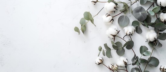 Poster - Top view of delicate white cotton flowers and fresh eucalyptus twigs on a light gray background in a flat lay flowers composition with copy space image, ideal for a floral background or greeting card.