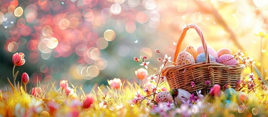 Aufkleber - Background for Easter with a basket of Easter eggs and spring blooms, ideal for copy space image.