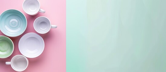 Poster - Modern white and blue ceramic tableware arranged on a pink and green background in a top-down view with ample space for text or imagery.
