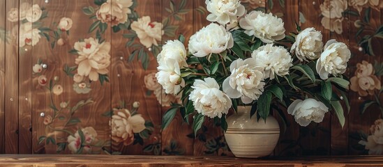 Sticker - Vintage country house with a brown wooden interior and floral wallpaper, adorned with a beautiful arrangement of fresh spring white peonies, ideal for copy space images.