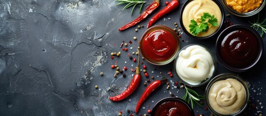Poster - Various sauces such as ketchup, mayonnaise, and barbecue displayed on a dark stone concrete backdrop with copy space for an image.