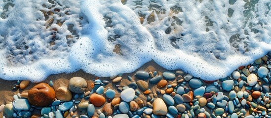Leinwandbilder - A scenic beach with pebble stones on a warm summer day, set against the backdrop of rolling waves in the blue sea with white foam, creating a peaceful image with copy space.