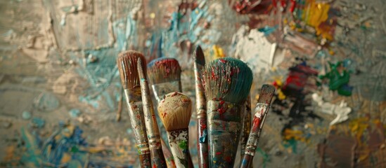 Aufkleber - In the artist's studio, you can find old painting brushes with colored paint smudges, displayed against a copy space image.