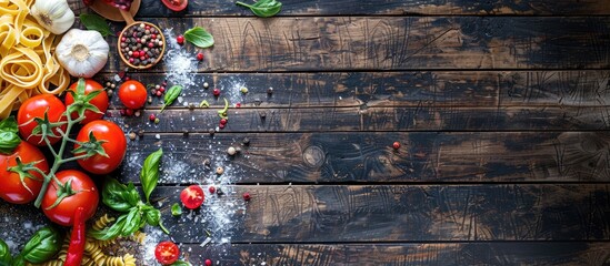 Poster - A dark wooden background showcases Italian pasta ingredients like tomatoes, pasta, pepper, herbs, and spices with a designated copy space image. Vegan and cooking-related themes.