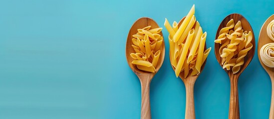 Aufkleber - Top view of spoons holding fusilli, penne, and fettuccine pasta on a blue background with copy space image available.