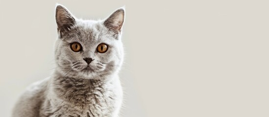 Poster - Playful grey British Shorthair cat posing for a portrait with a cheerful expression, including copy space image.