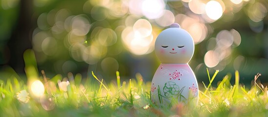 Poster - A white and pink ceramic doll displayed on green grass with a blurred bokeh and sunlight background, perfect for a copy space image.