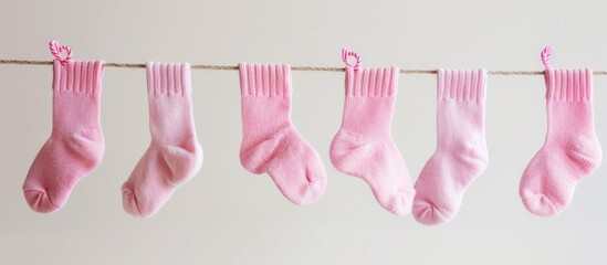 Poster - Pink baby socks hanging on a line against a white background with copy space image.