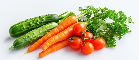 Aufkleber - Fresh organic vegetables like parsley, baby carrots, cucumbers, and cherry tomatoes showcased on a white backdrop in a stunning copy space image.