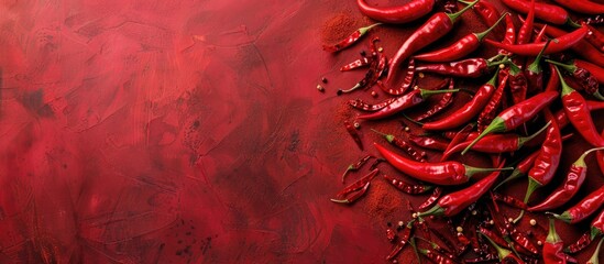 Canvas Print - Red chili arranged as a background with space for text or images. . Copy space image. Place for adding text and design