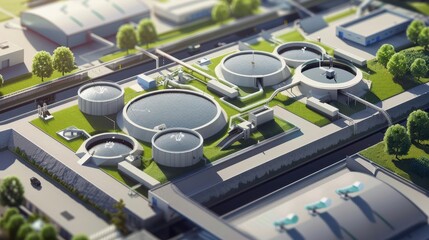 Poster - aerial view of modern wastewater treatment plant industrial filtration of sewage water digital illustration
