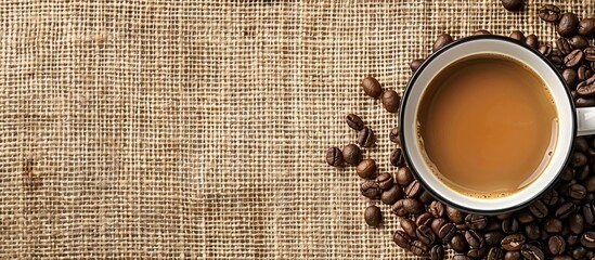 Poster - Bird's eye perspective of a cup of coffee and coffee beans on a burlap surface with copy space image.