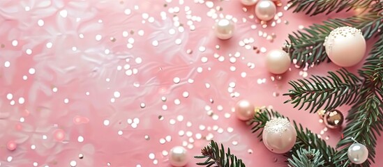 Poster - Festive holiday composition with pearl decorative balls, green fir branches, and sparkles on a pink confetti background with copy space image for text in a greeting postcard frame.
