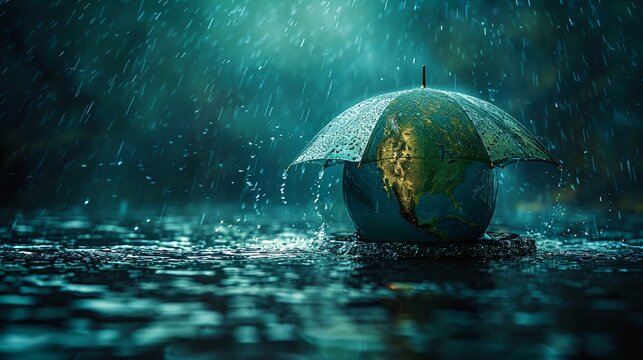 Symbolic Earth Under an Umbrella with Rainfall: Environmental Protection and Climate Change Awareness.