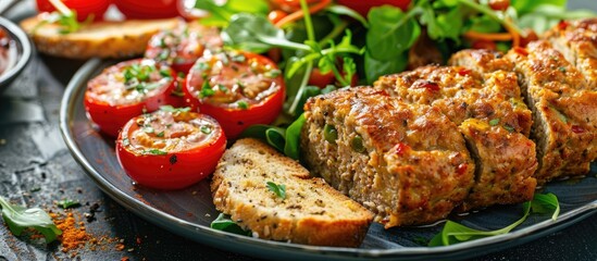 Poster - Healthy meal option of chicken meatloaf paired with a fresh salad and toast, perfect for lunch or dinner, with a blank area in the image for text or graphics. Copy space image
