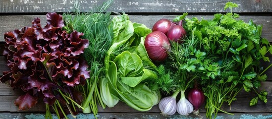Poster - A variety of fresh spring greens like red and green lettuce, onions, dill, and parsley are arranged on a wooden table, ideal for healthy meals, with room for text in the midst of the green produce