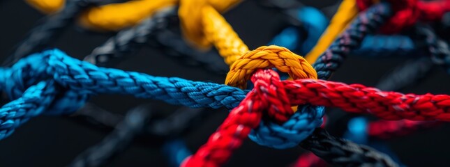 Close-up shot of vibrant ropes knotted together creating a colorful grid pattern, showcasing texture.