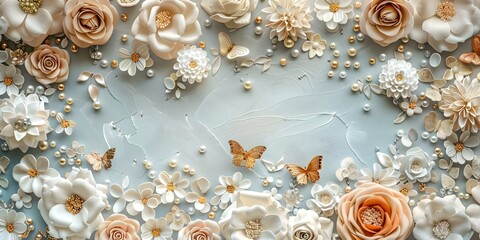 Canvas Print - Elegant Wedding Mural Adorned with Flowers, Pearls, Butterflies, and Golden Decorative Elements. Concept Wedding Mural, Floral Decor, Butterfly Details, Golden Accents, Elegant Theme