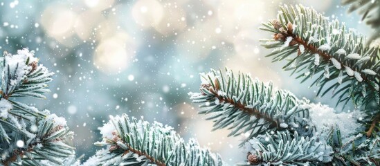 Fototapete - Snow covers pine branches creating a wintry, festive copy space image.