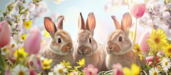 Wall Mural - An Easter-themed frame featuring three adorable bunnies with open space for adding text or images. Copy space image. Place for adding text and design