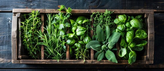 Aufkleber - Fresh herbs and greens arranged on top of each other in a wooden box against a dark wood background, symbolizing healthy food; copy space image.