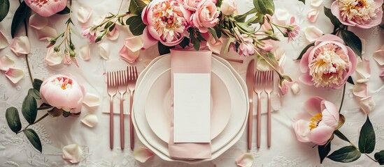 Poster - Boho-style peony flowers and leaf decor embellish a beautifully arranged spring wedding table, featuring an invitation card in a top-view copy space image.