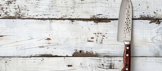 Poster - Rustic kitchen knife displayed on white wooden backdrop with copy space image.