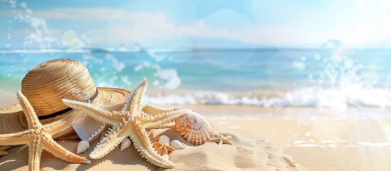 Poster - A summer vacation theme with beach-related elements in the background, perfect for adding text or images. Copy space image. Place for adding text and design