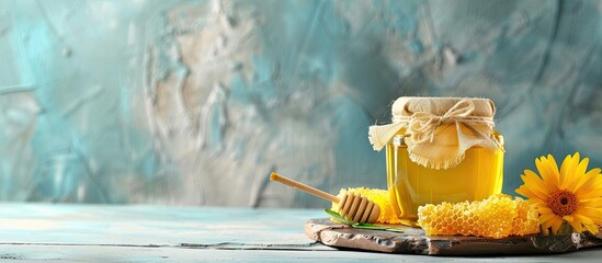 Aufkleber - Jar of honey and honeycombs displayed on a bright table with available copy space image.