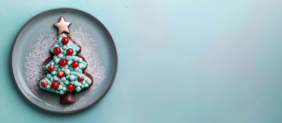 Aufkleber - Top view of a festive Christmas tree cake adorned with a chocolate star, red berries, on a gray plate set on a blue table, perfect for adding text or graphics in the copy space image.