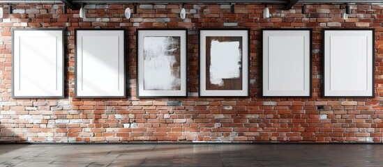 Aufkleber - Modern art gallery displaying frames with blank canvases on a brick wall, providing copy space image for design.