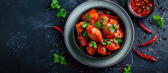 Aufkleber - Delicious sweet and sour chicken served in a bowl with spices on a dark backdrop featuring copy space image.