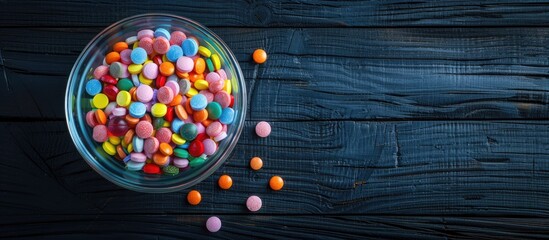 Poster - Colorful sugar-coated pills placed in a glass dish on a black wooden table background with copy space image.