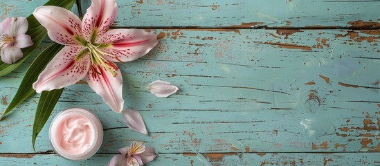 Poster - Weathered wooden table background with a pink lily flower and cosmetic cream, creating a charming copy space image.