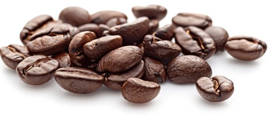 Poster - Close-up studio shot of coffee beans isolated on a white background, creating an intriguing copy space image.