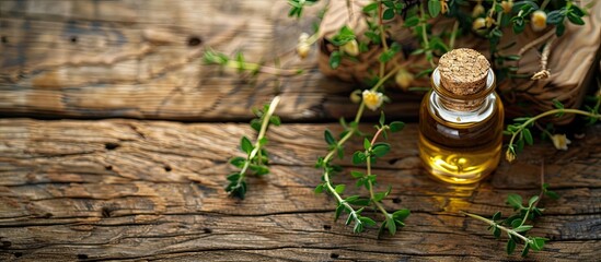 Aufkleber - Wooden table with fresh thyme plant and essential oil, allowing for copy space image.