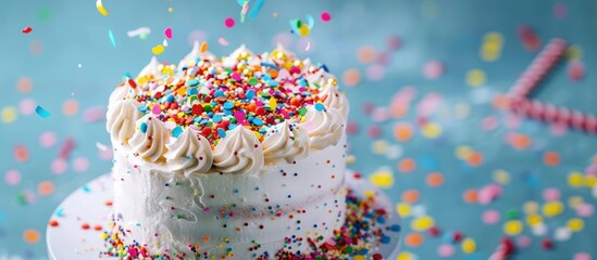 Aufkleber - White birthday cake with vibrant sprinkles on a backdrop with copy space image.