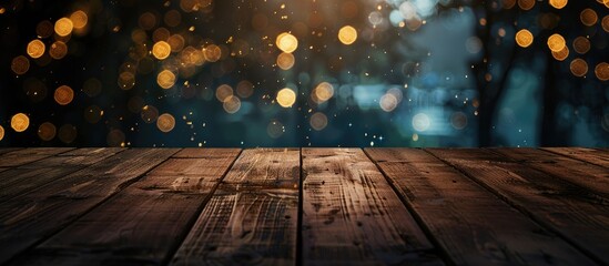 Poster - Dark wooden table with an empty surface set against a blurred bokeh background, providing ample copy space image.