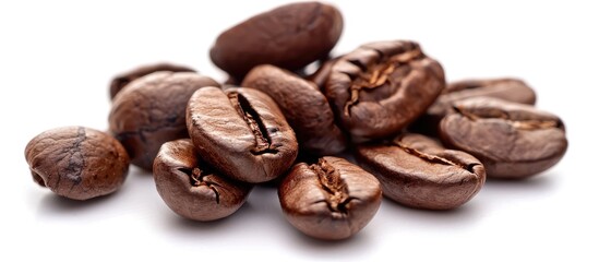 Poster - Close-up studio shot of coffee beans isolated on a white background, creating an intriguing copy space image.