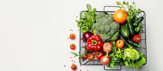 Poster - A supermarket shopping basket filled with fresh veggies on a white backdrop with copy space image.