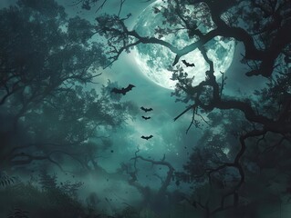 Wall Mural - ethereal moonlit forest with silhouetted bats in flight misty atmosphere gnarled trees and a full moon casting eerie shadows across the landscape