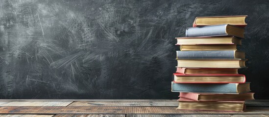 Poster - A stack of books is shown against a blackboard backdrop with a 'Back to School' theme, offering a place for additional elements in the picture.