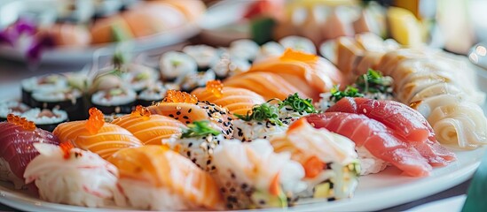 Aufkleber - Selective focus on a platter adorned with an array of sophisticated sushi varieties creating an appealing copy space image.