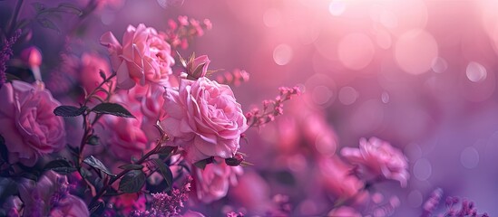 Poster - A stunning display of pink roses set against a purple backdrop with available copy space image.