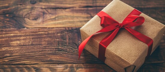 Poster - Gift box in brown with a red ribbon and tag on a wooden background with ample copy space image.